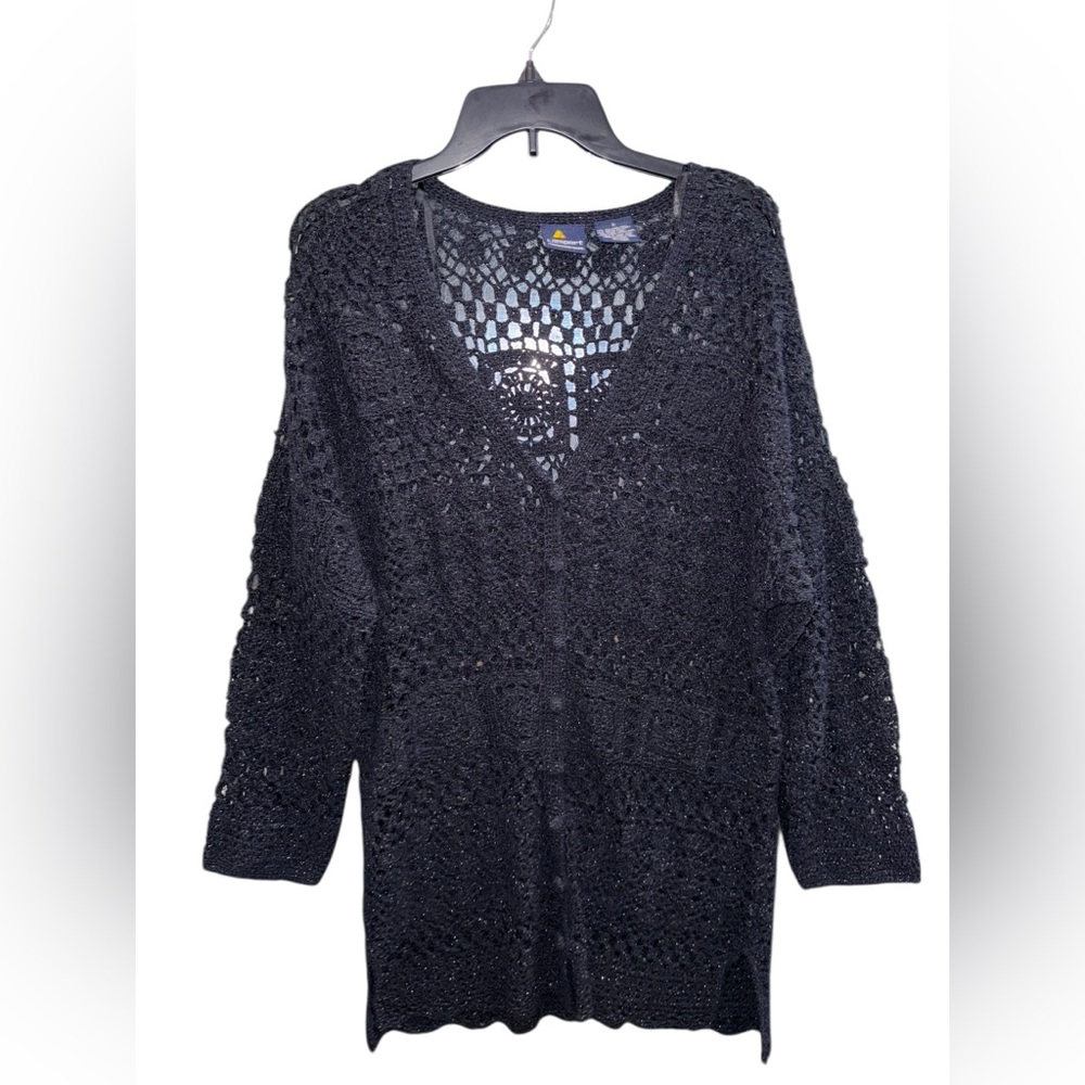 Vintage Silk Liz Sport Black Crochet Long Sweater Cardigan Size Small